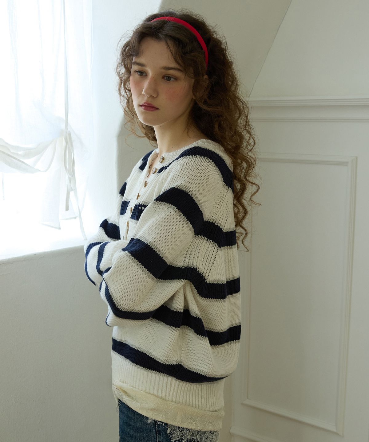 오픈도어스튜디오(OPENDOORSTUDIO) Latte stripe knit Navy