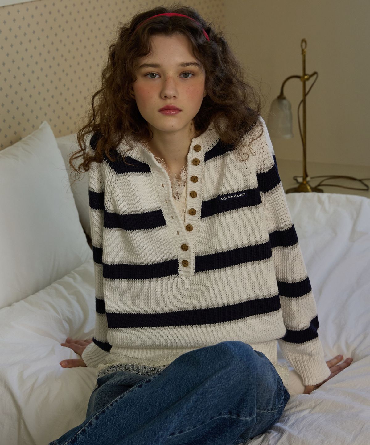 오픈도어스튜디오(OPENDOORSTUDIO) Latte stripe knit Navy