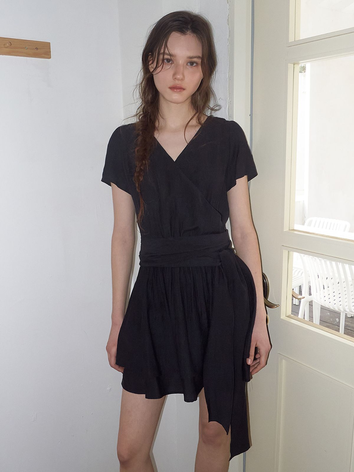 에트몽(ETMON) Wrap Tie Mini Dress, Black