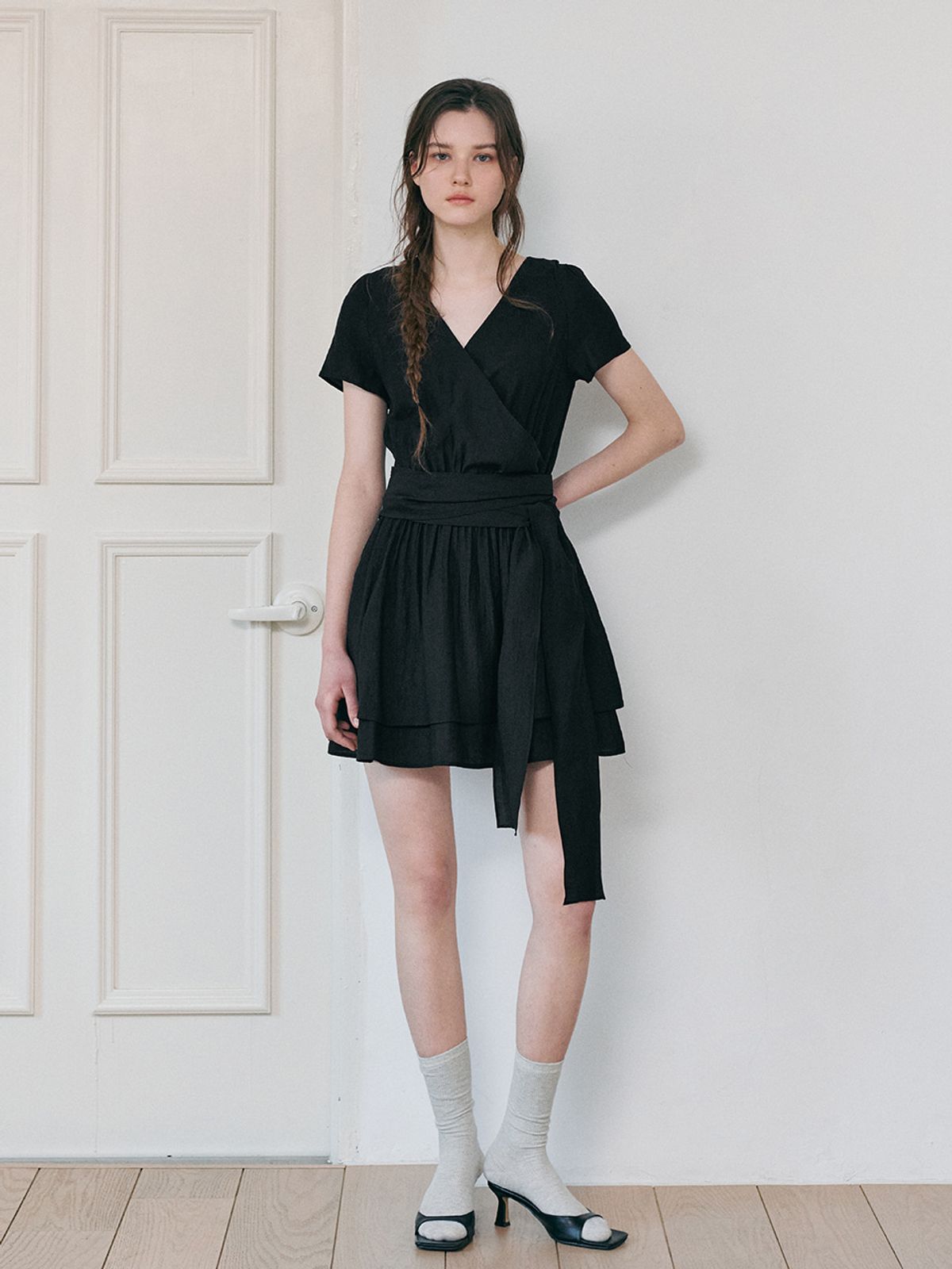 에트몽(ETMON) Wrap Tie Mini Dress, Black