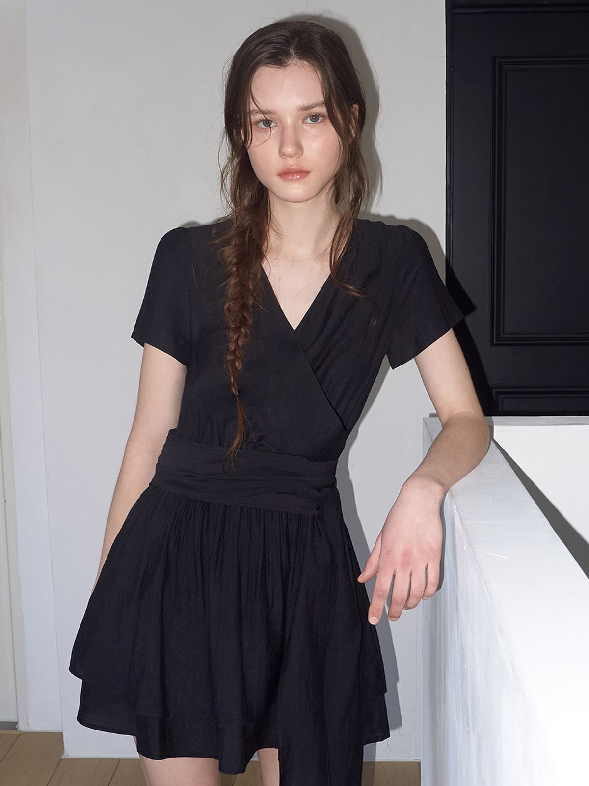 에트몽(ETMON) Wrap Tie Mini Dress, Black