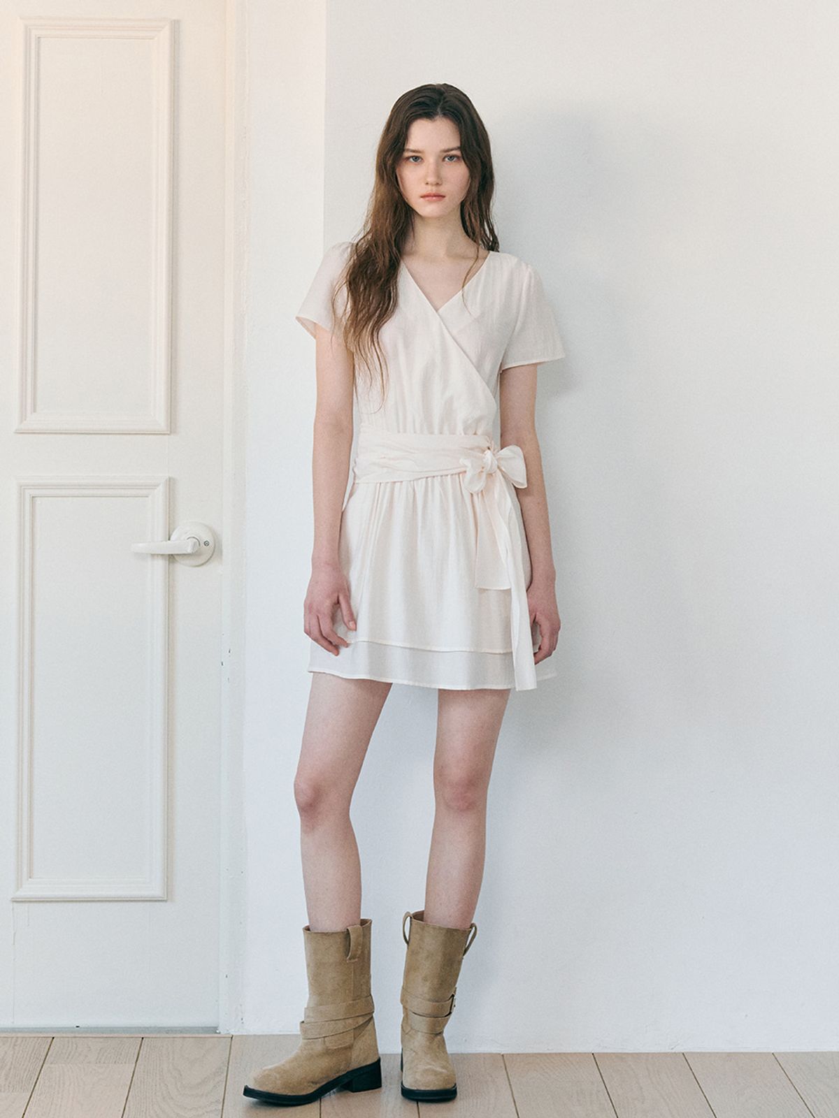에트몽(ETMON) Wrap Tie Mini Dress, Cream