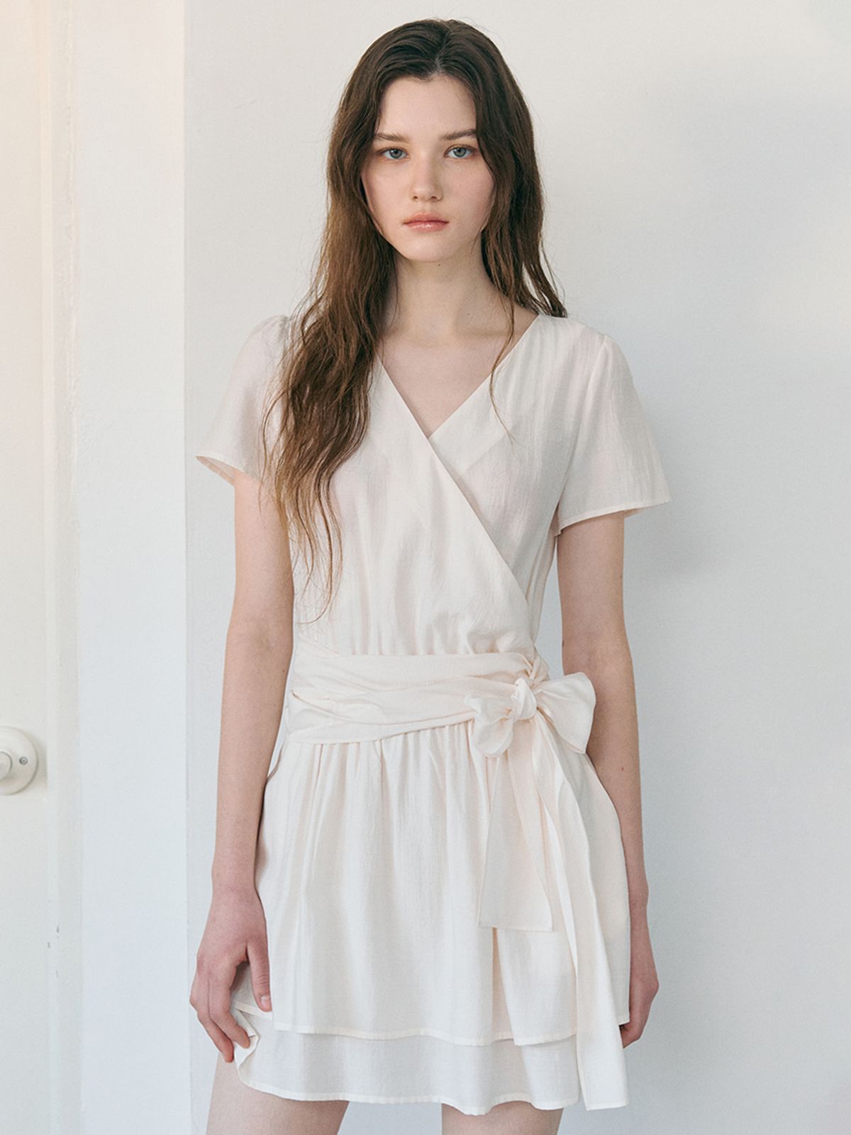 에트몽(ETMON) Wrap Tie Mini Dress, Cream