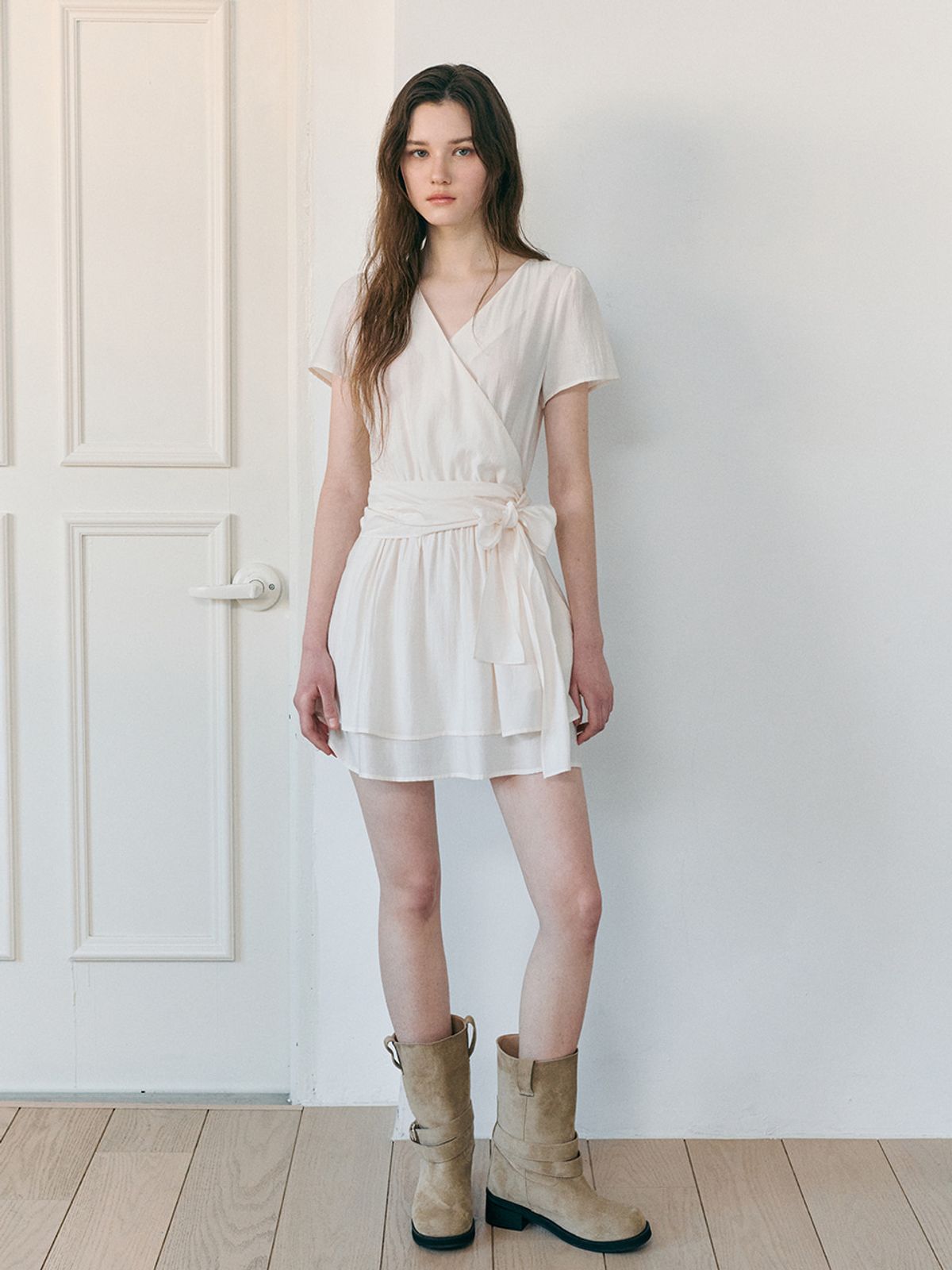 에트몽(ETMON) Wrap Tie Mini Dress, Cream