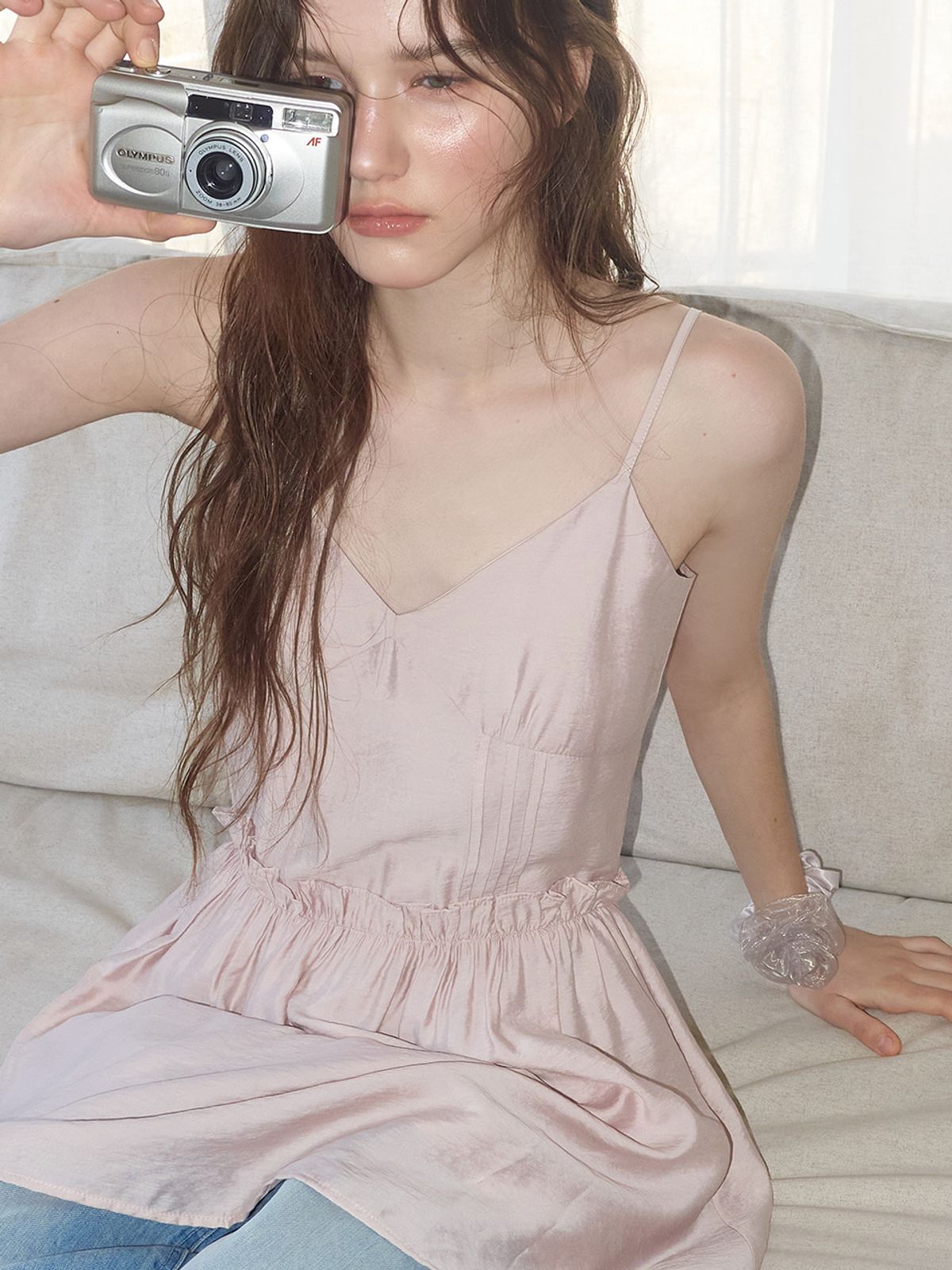 에트몽(ETMON) Slip Crinkle Frill Mini Dress, Pink