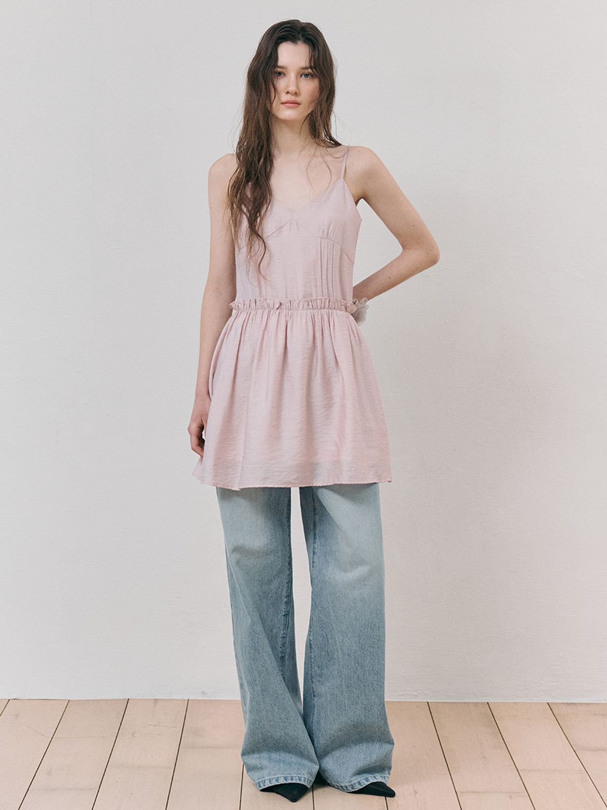 에트몽(ETMON) Slip Crinkle Frill Mini Dress, Pink