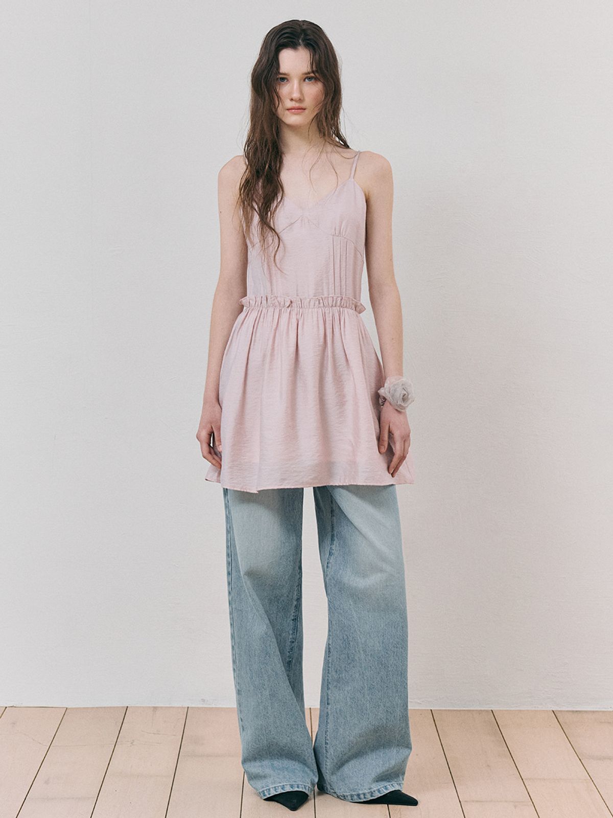 에트몽(ETMON) Slip Crinkle Frill Mini Dress, Pink