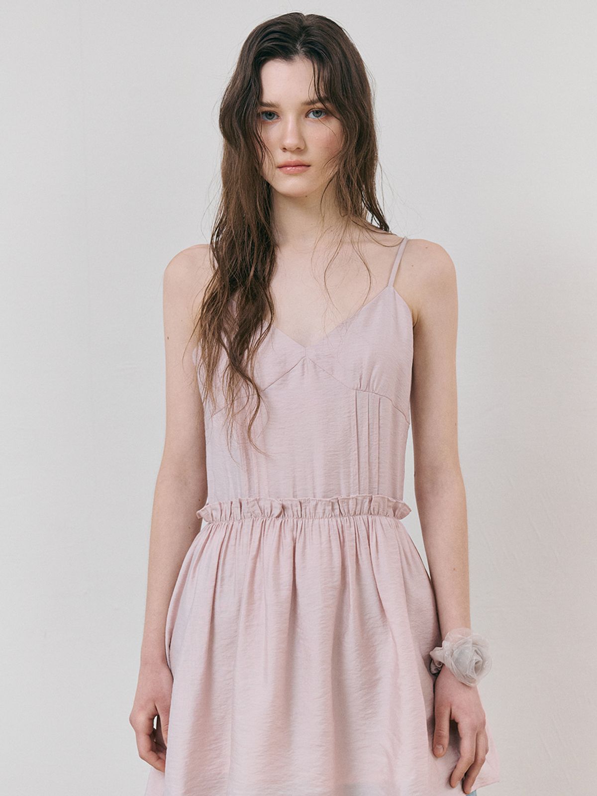 에트몽(ETMON) Slip Crinkle Frill Mini Dress, Pink