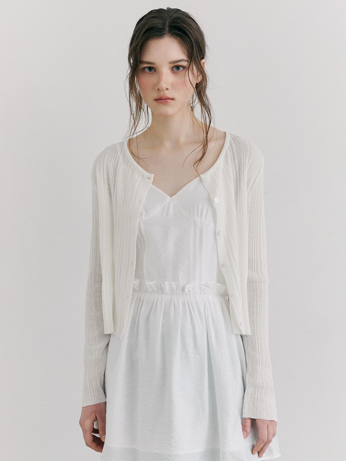에트몽(ETMON) Slip Crinkle Frill Mini Dress, White