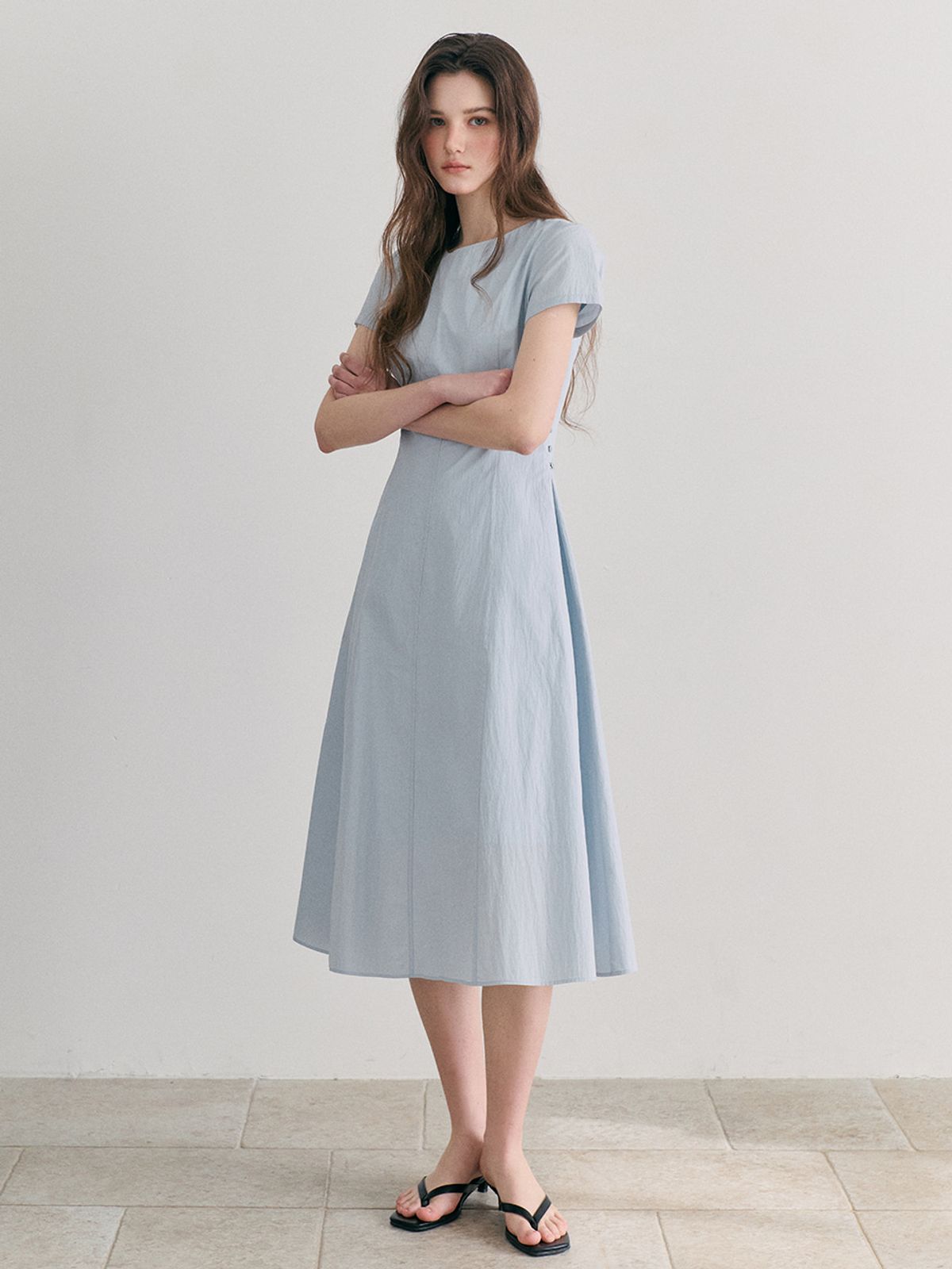 에트몽(ETMON) Side Button Stitch Dress, Sky Blue
