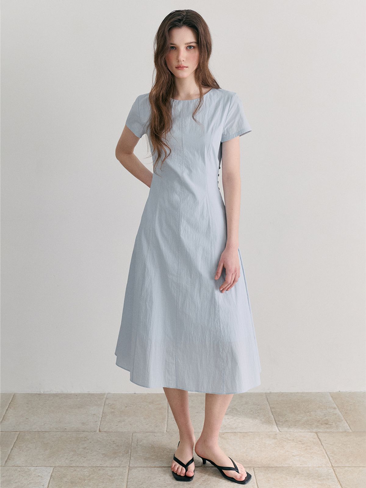 에트몽(ETMON) Side Button Stitch Dress, Sky Blue