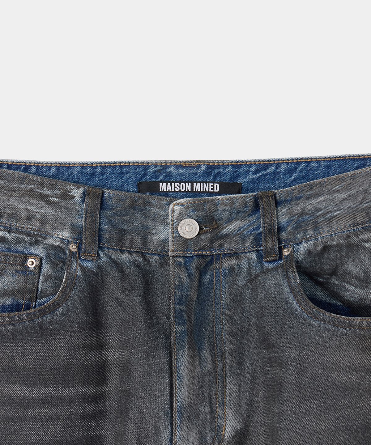 메종미네드(MAISON MINED) DARK WAX COATED DENIM PANTS BLUE