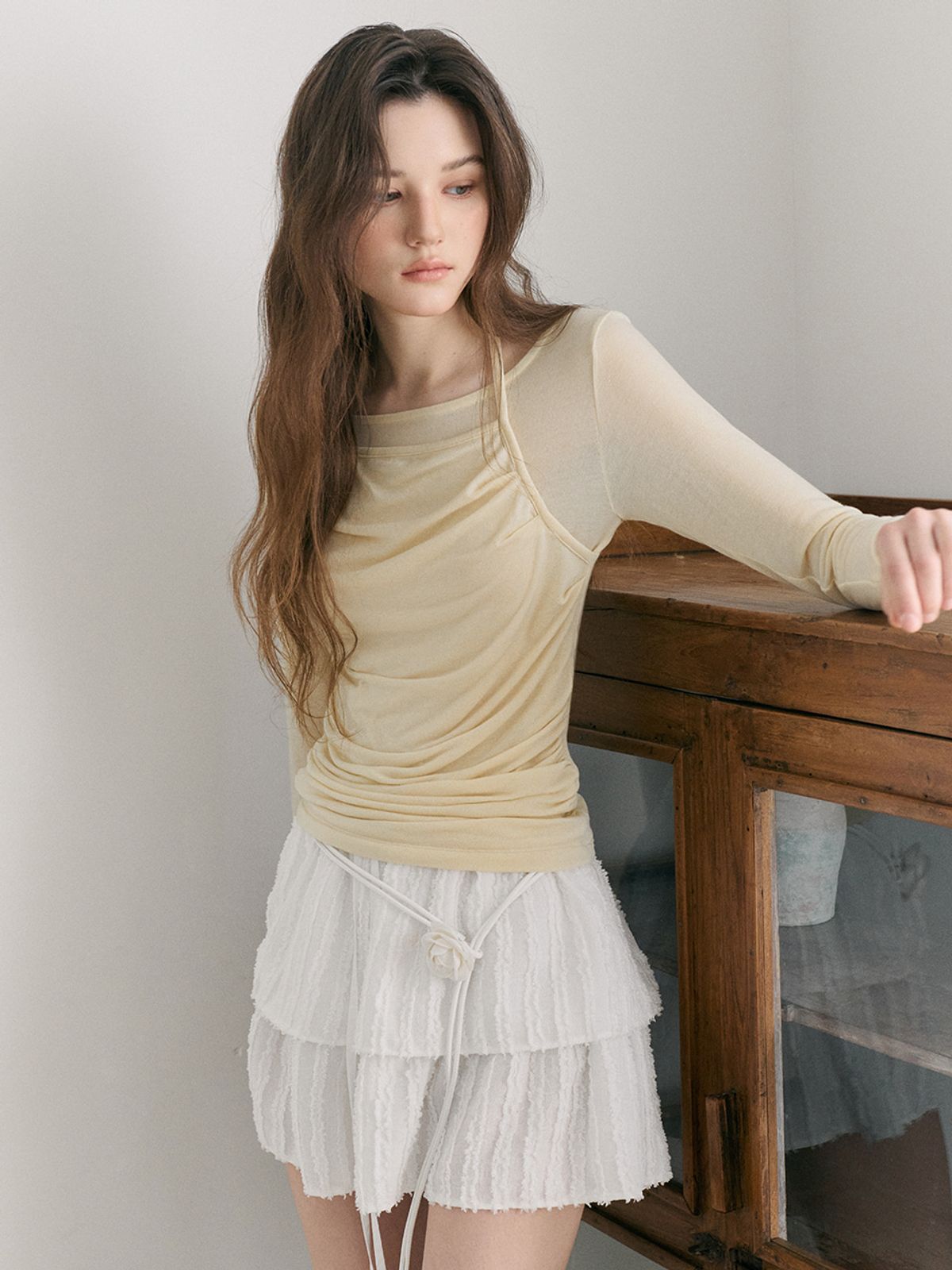 에트몽(ETMON) Texture Tiered Mini Skirt, White