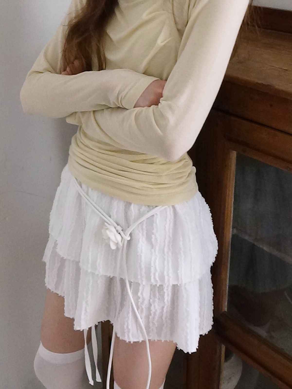 에트몽(ETMON) Texture Tiered Mini Skirt, White
