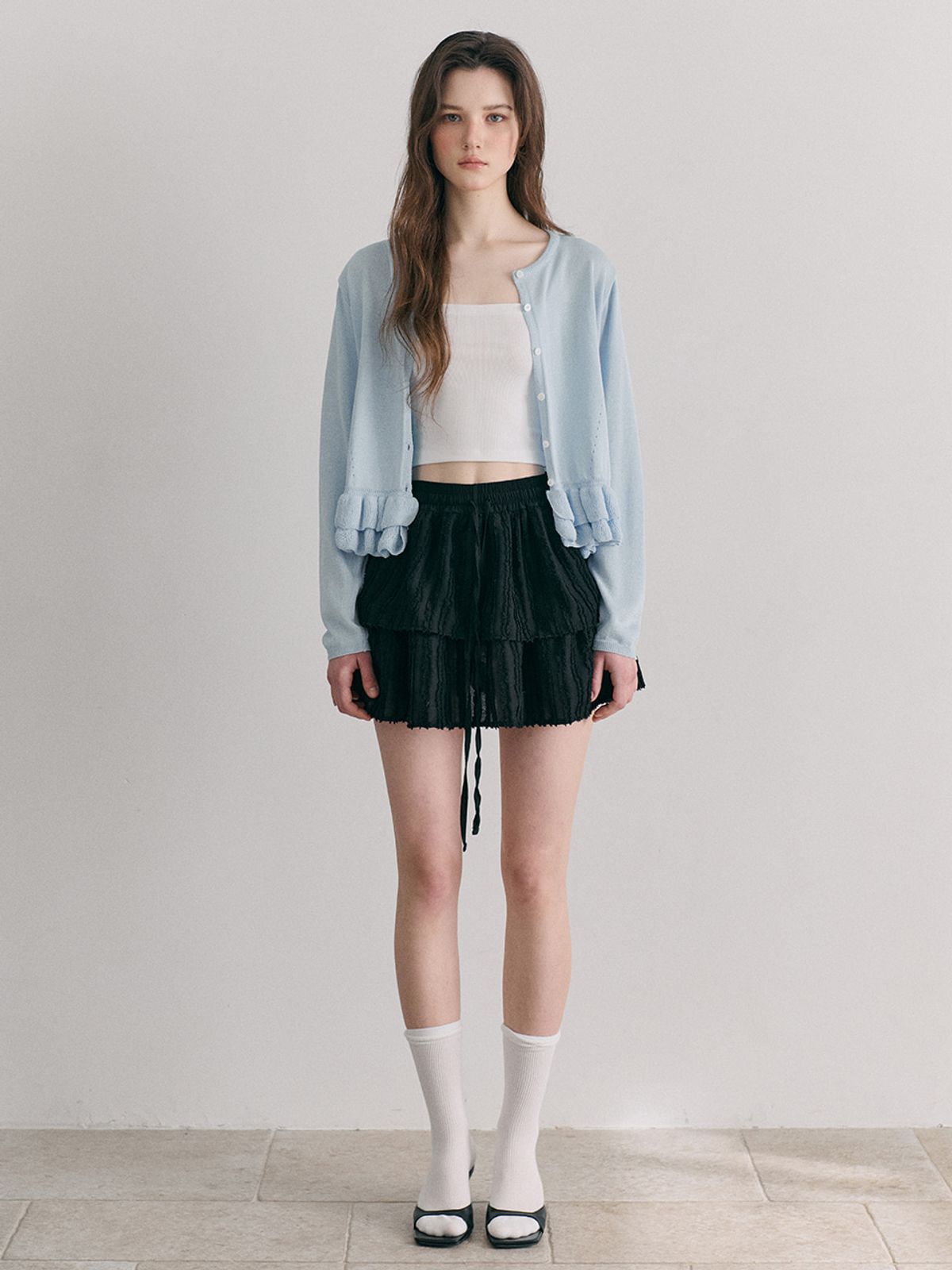 에트몽(ETMON) Texture Tiered Mini Skirt, Black