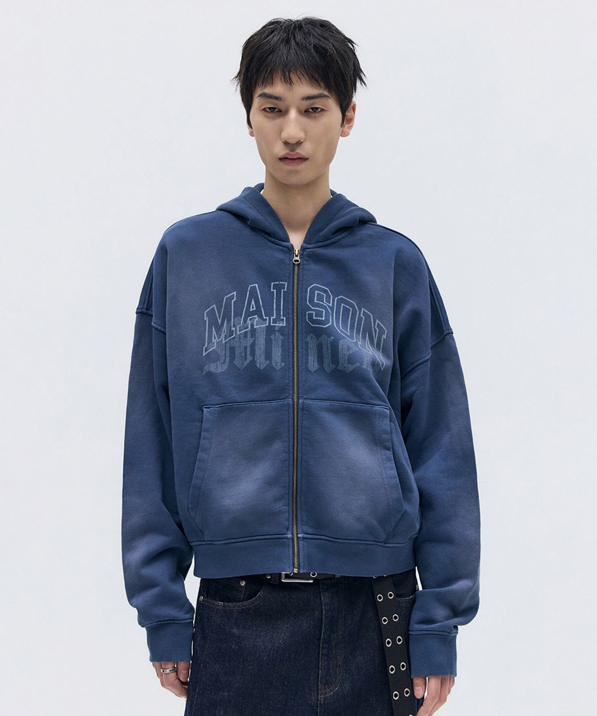 메종미네드(MAISON MINED) WASHED CROP HOOD ZIP-UP NAVY