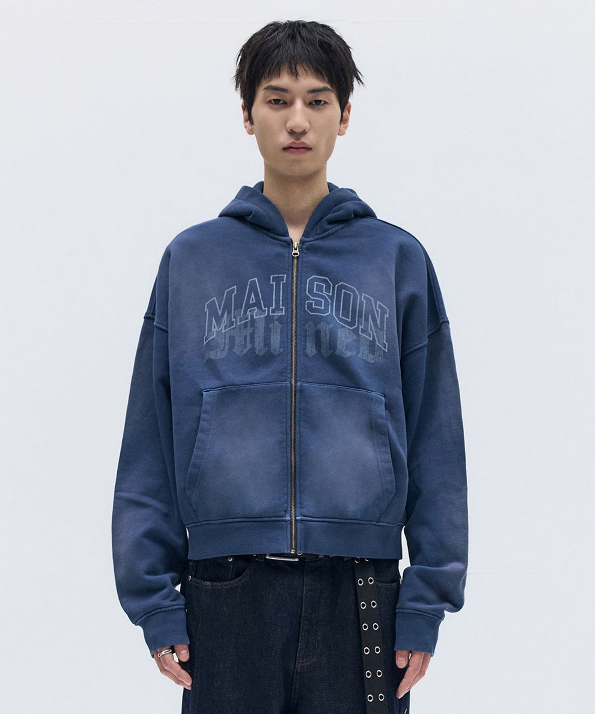 메종미네드(MAISON MINED) WASHED CROP HOOD ZIP-UP NAVY