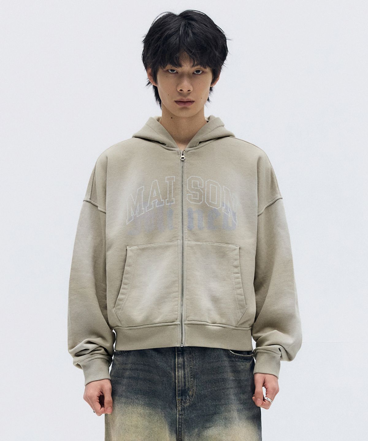메종미네드(MAISON MINED) WASHED CROP HOOD ZIP-UP BEIGE