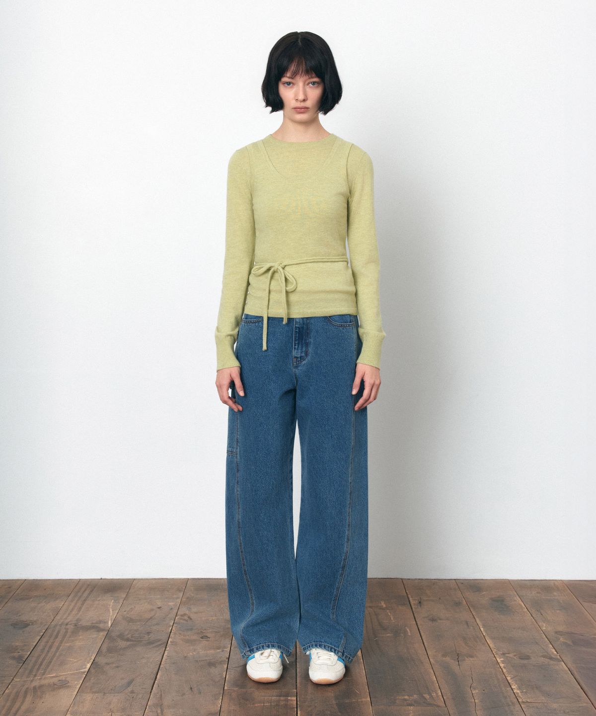 시야쥬(SIYAZU) SIKN2179 스트랩 U넥 슬리브리스 니트_Yellow green