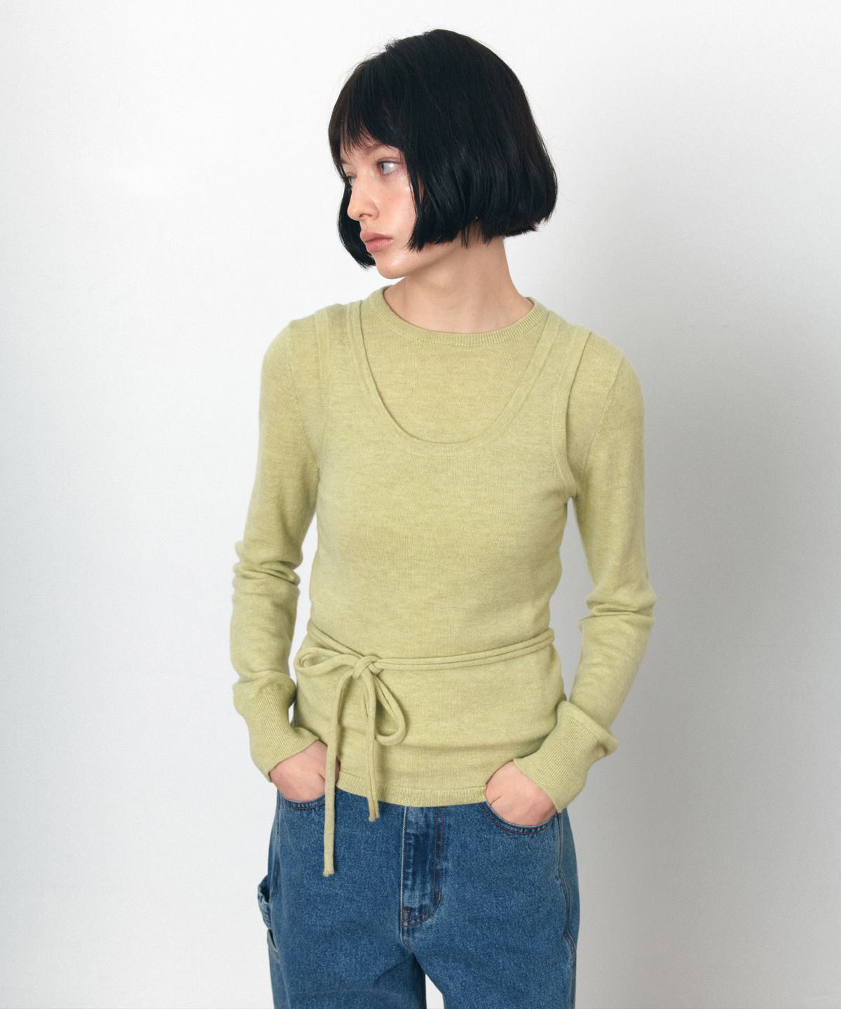 시야쥬(SIYAZU) SIKN2179 스트랩 U넥 슬리브리스 니트_Yellow green