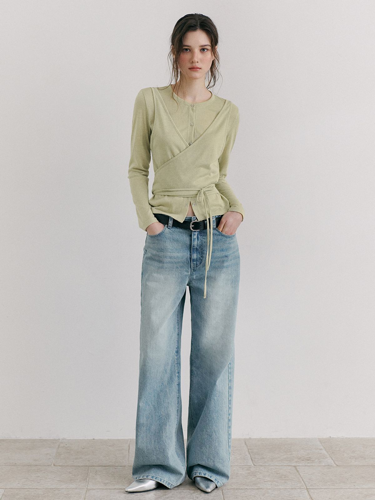 에트몽(ETMON) Wrap Cardigan T-Shirt, Light Green