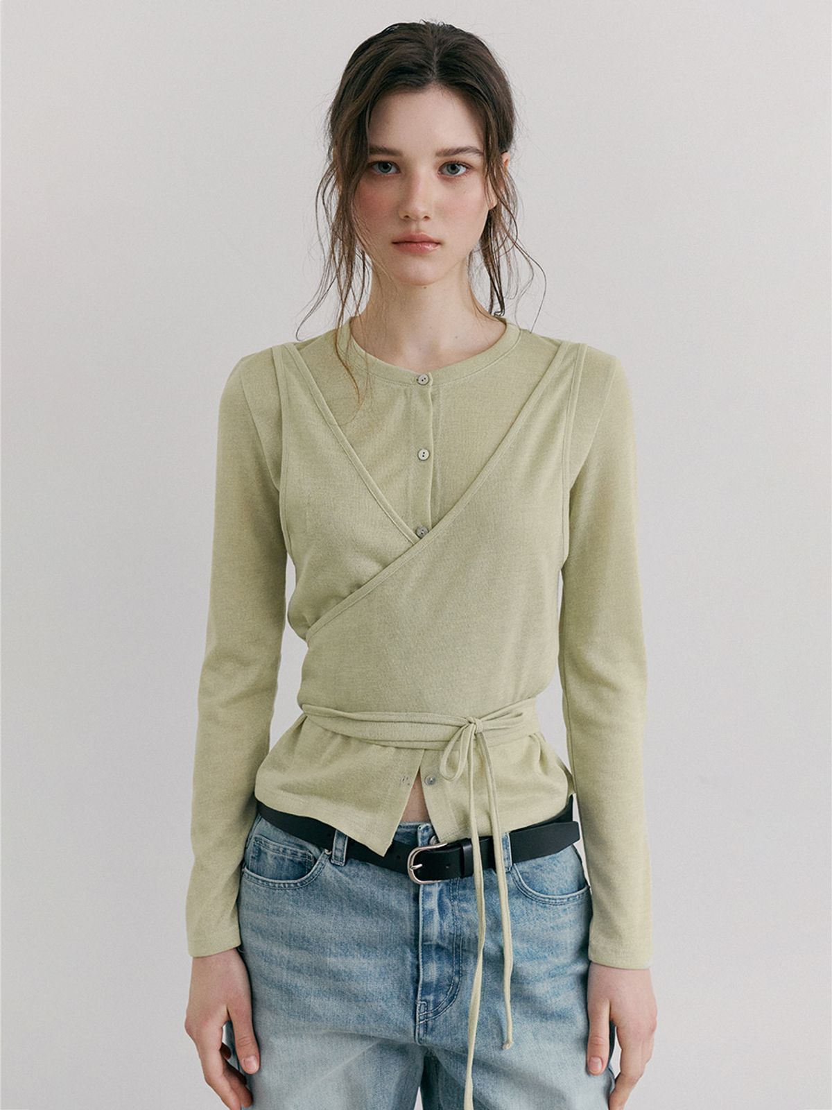 에트몽(ETMON) Wrap Cardigan T-Shirt, Light Green