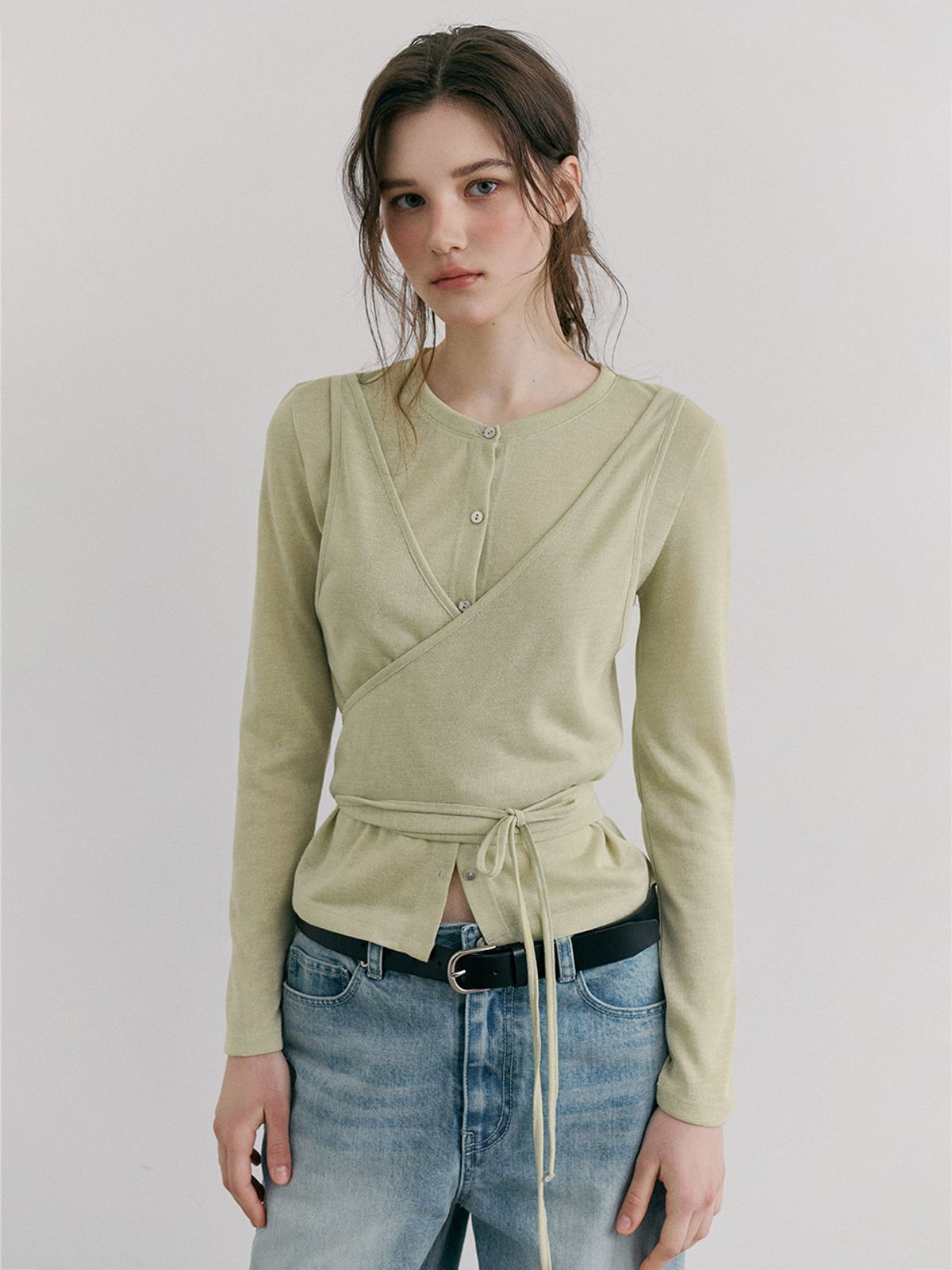 에트몽(ETMON) Wrap Cardigan T-Shirt, Light Green