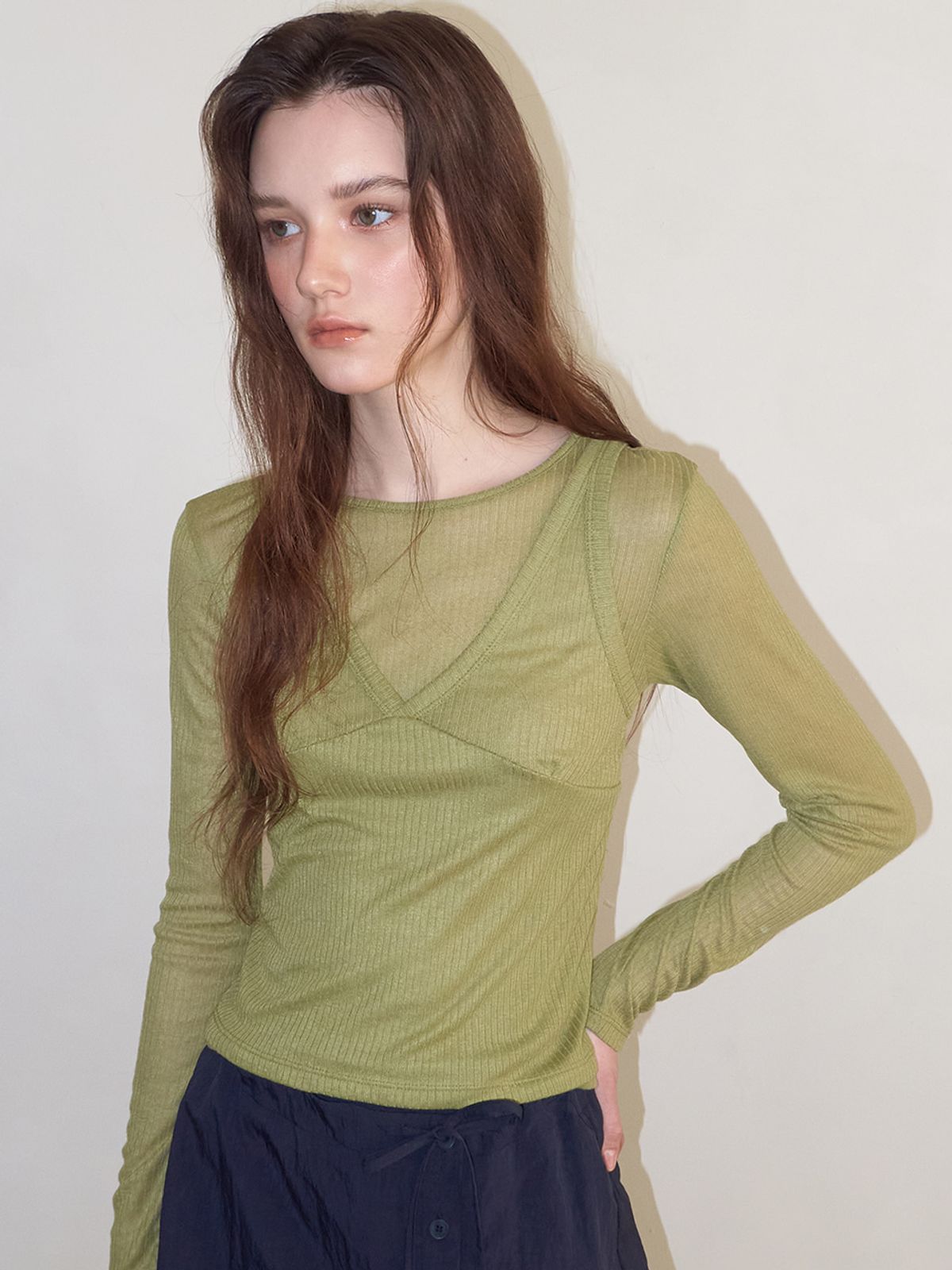 에트몽(ETMON) Ribbed Layered T-Shirt SET, Olive
