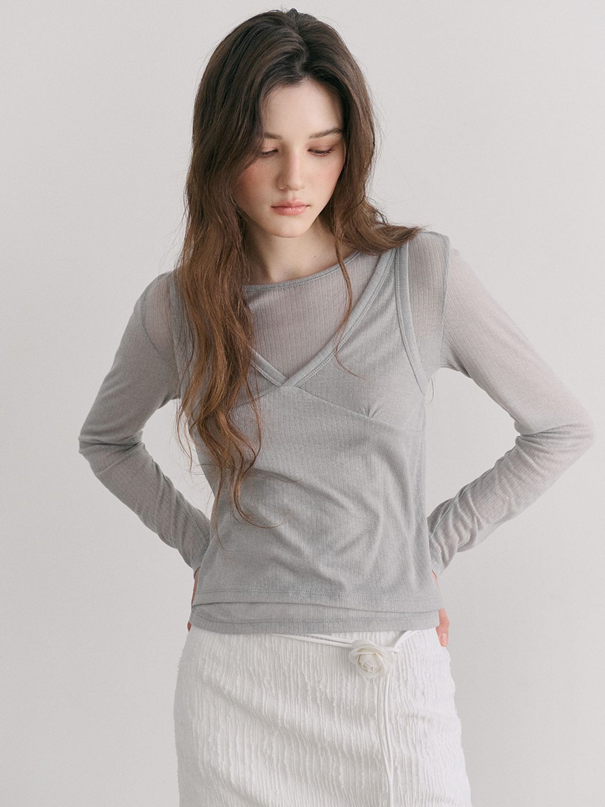 에트몽(ETMON) Ribbed Layered T-Shirt SET, Light Grey
