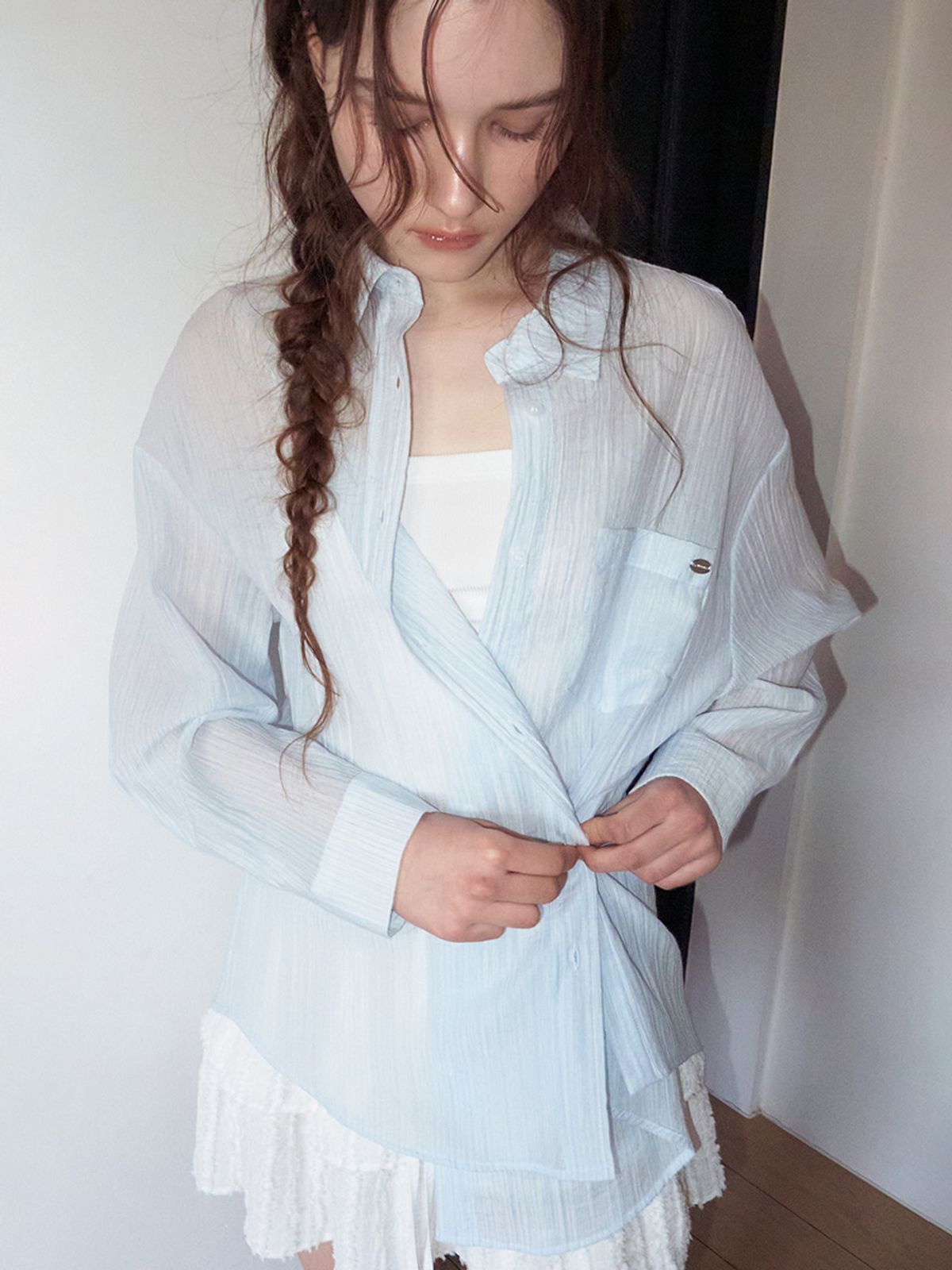 에트몽(ETMON) Side Button Strap Shirt, Light Blue
