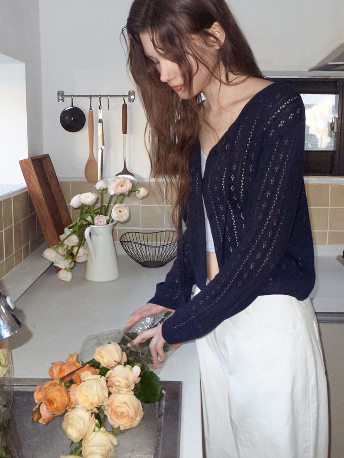 에트몽(ETMON) Crochet Strap Cardigan, Navy