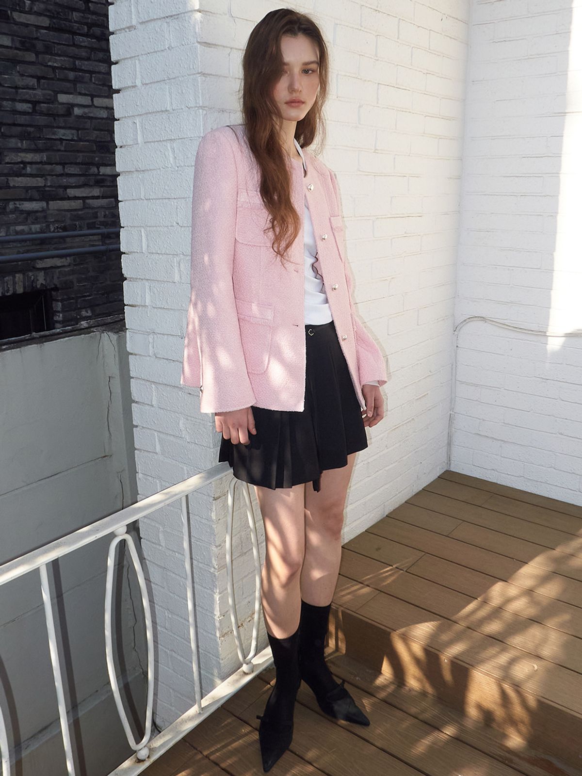 에트몽(ETMON) Stitch 4-Pocket Tweed Jacket, Pink