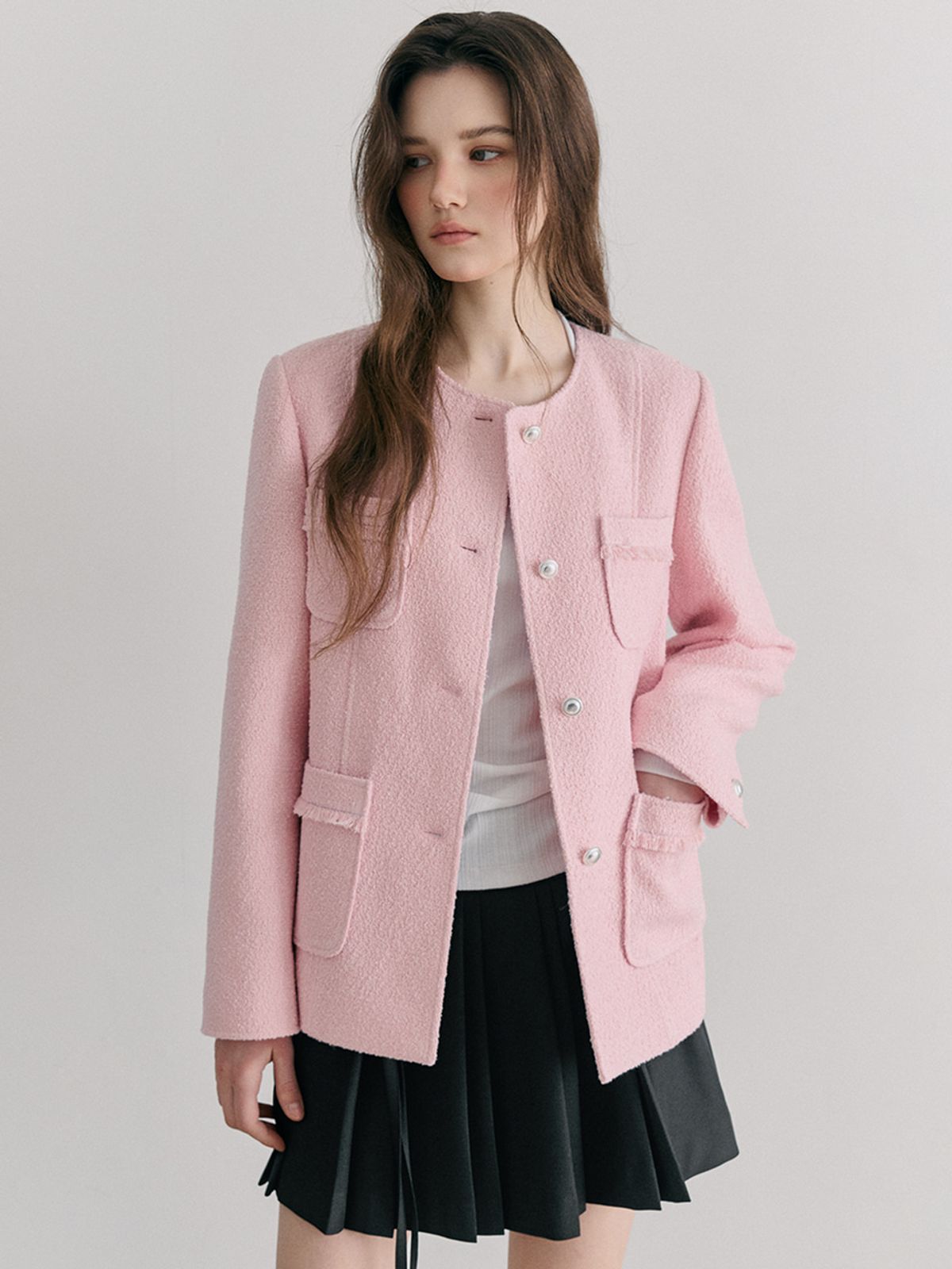 에트몽(ETMON) Stitch 4-Pocket Tweed Jacket, Pink