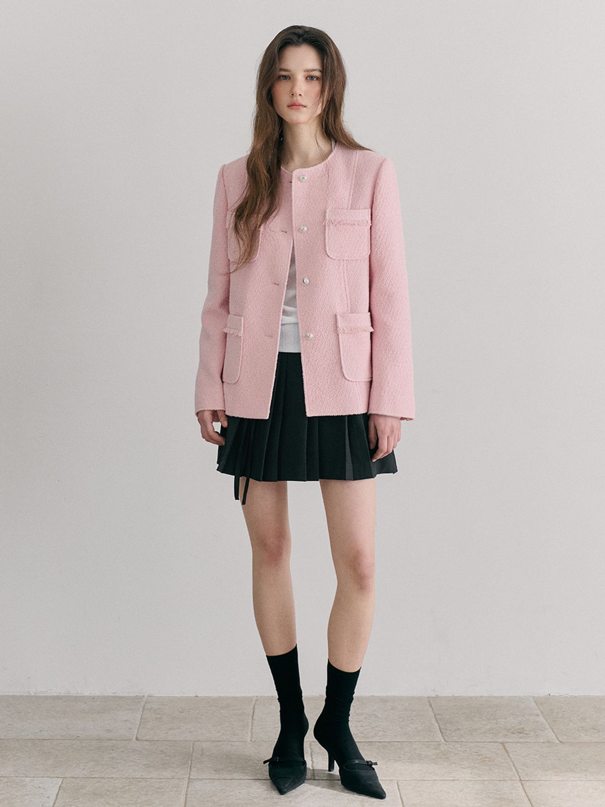 에트몽(ETMON) Stitch 4-Pocket Tweed Jacket, Pink