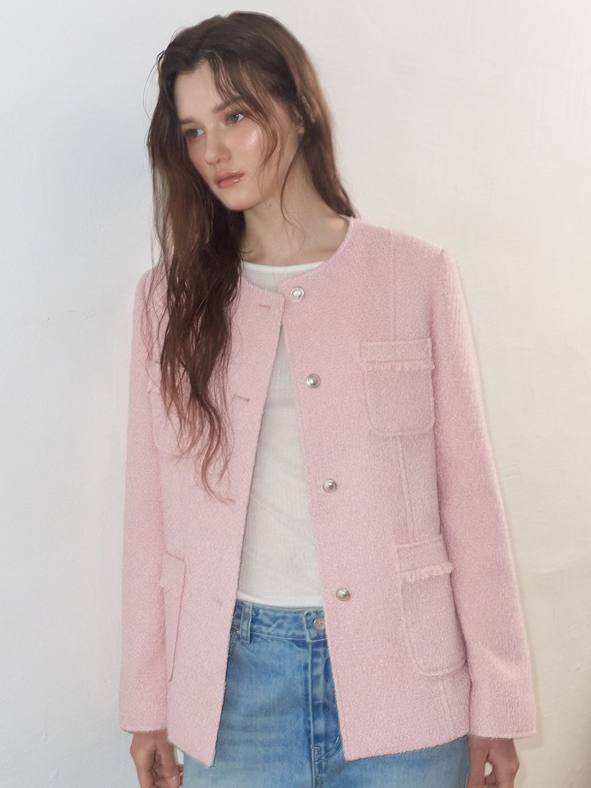 에트몽(ETMON) Stitch 4-Pocket Tweed Jacket, Pink
