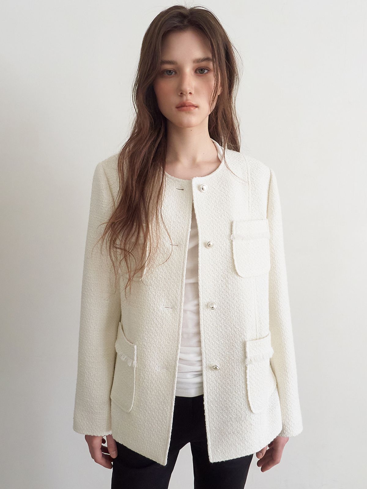 에트몽(ETMON) Stitch 4-Pocket Tweed Jacket, Ivory