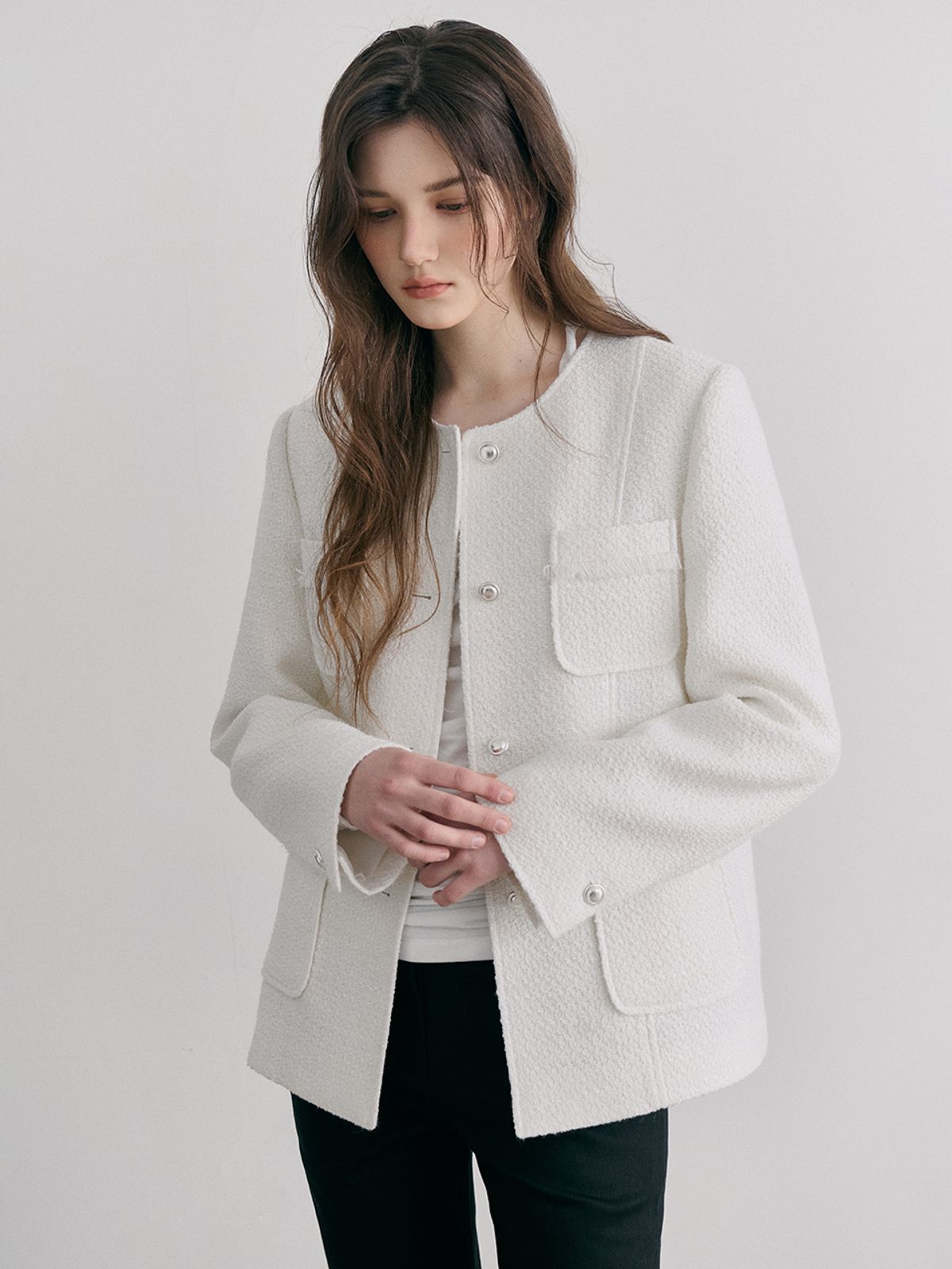 에트몽(ETMON) Stitch 4-Pocket Tweed Jacket, Ivory