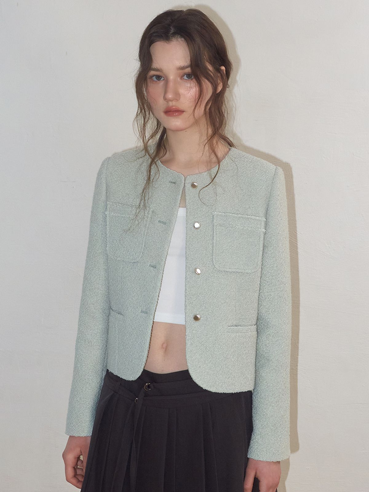 에트몽(ETMON) Welt Fringe Tweed Jacket, Mint