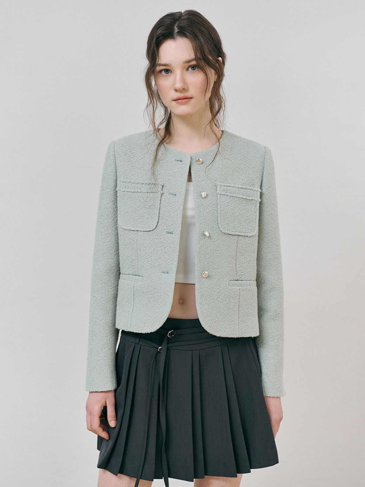 에트몽(ETMON) Welt Fringe Tweed Jacket, Mint