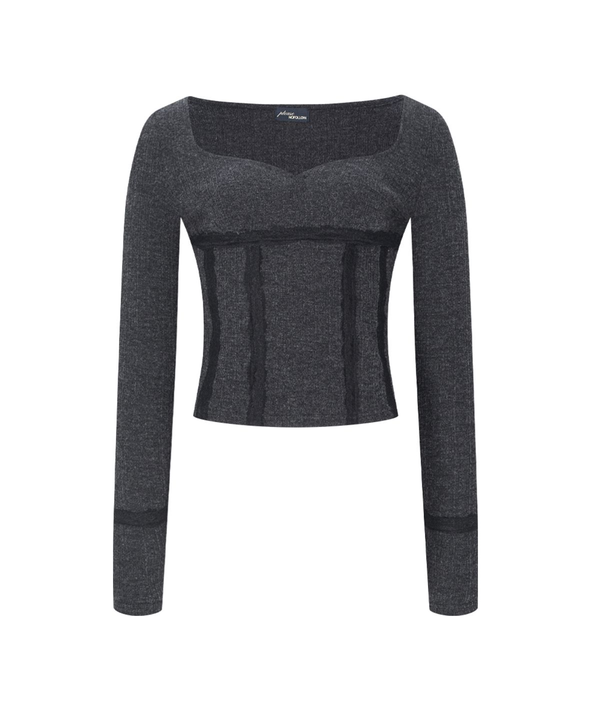 플리즈노팔로우(PLEASENOFOLLOW) Suzan Heart-Neck Long Sleeve Top (Melange Charcoal)