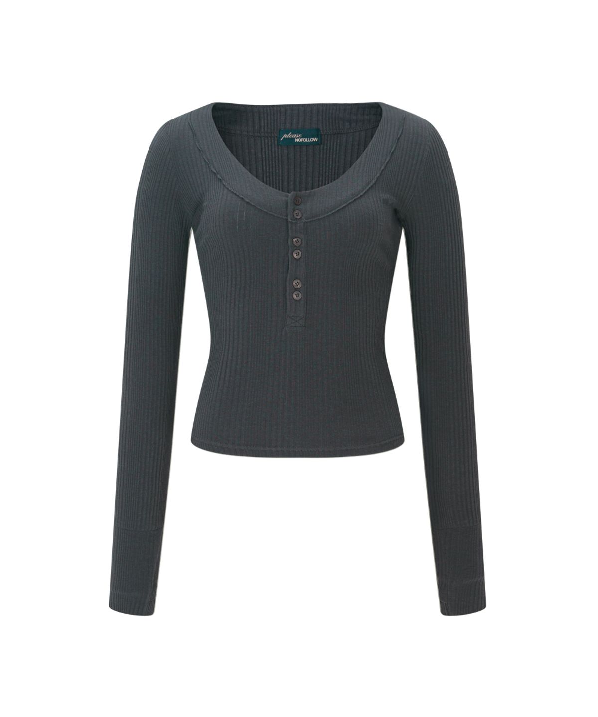 플리즈노팔로우(PLEASENOFOLLOW) Tanny Button Ribbed Long Sleeve Top (Charcoal)