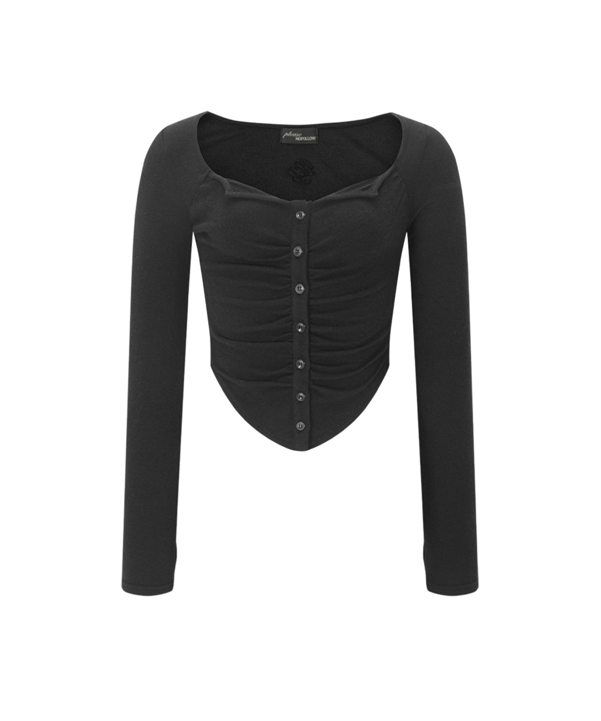 플리즈노팔로우(PLEASENOFOLLOW) Kaya Button Shirring Long Sleeve Top (Black)
