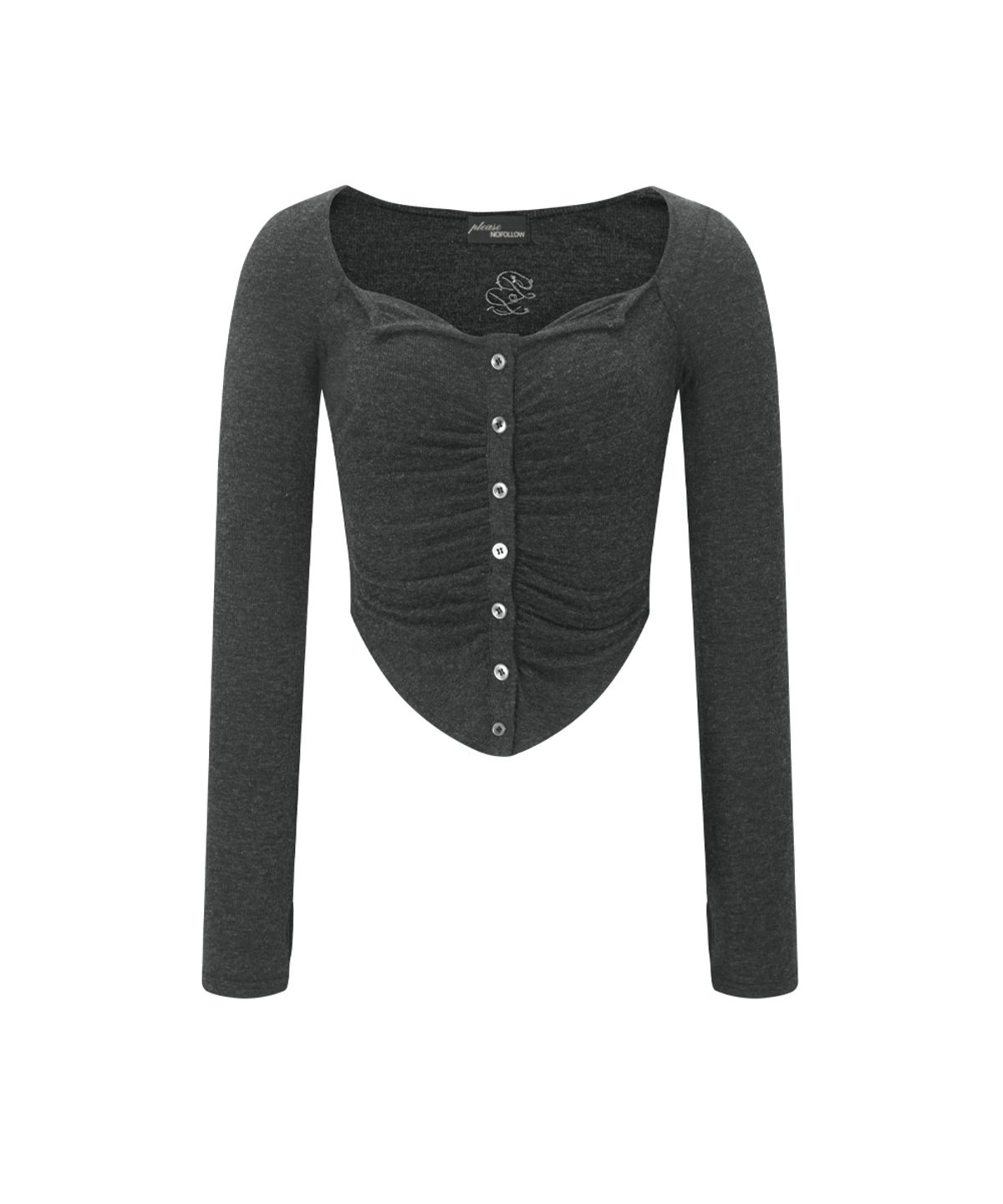 플리즈노팔로우(PLEASENOFOLLOW) Kaya Button Shirring Long Sleeve Top (Melange Charcoal)