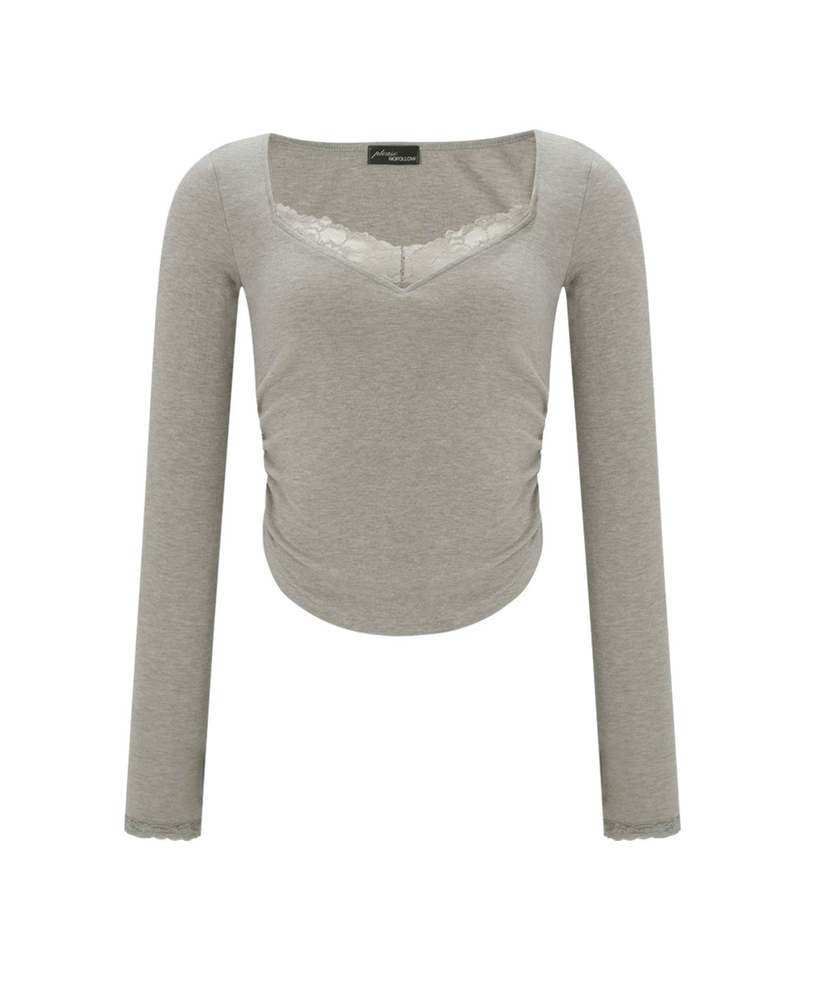 플리즈노팔로우(PLEASENOFOLLOW) Vera Lace Shirring Long Sleeve Top (Mocha Grey)