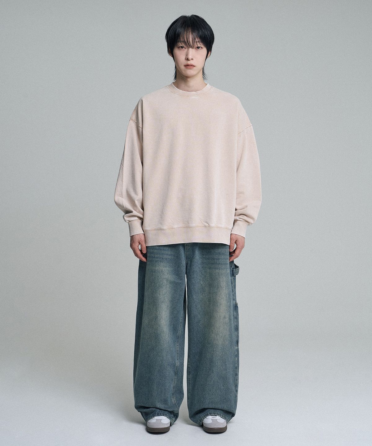 무븐(MOOVN) 빈티지 와이드 카펜터 데님 팬츠 워시드 블루