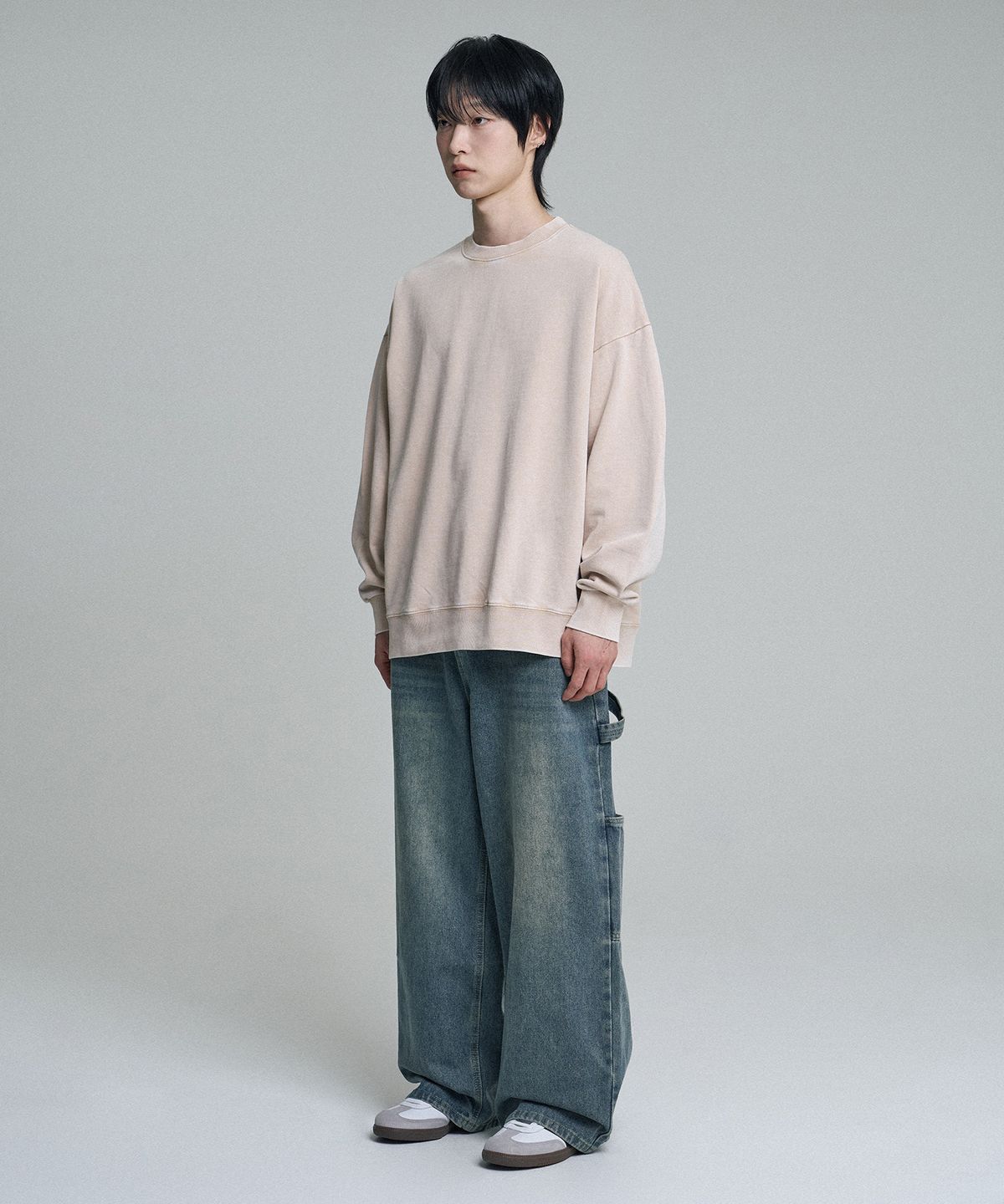 무븐(MOOVN) 빈티지 와이드 카펜터 데님 팬츠 워시드 블루