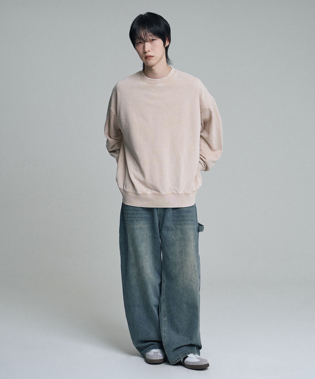 무븐(MOOVN) 빈티지 와이드 카펜터 데님 팬츠 워시드 블루