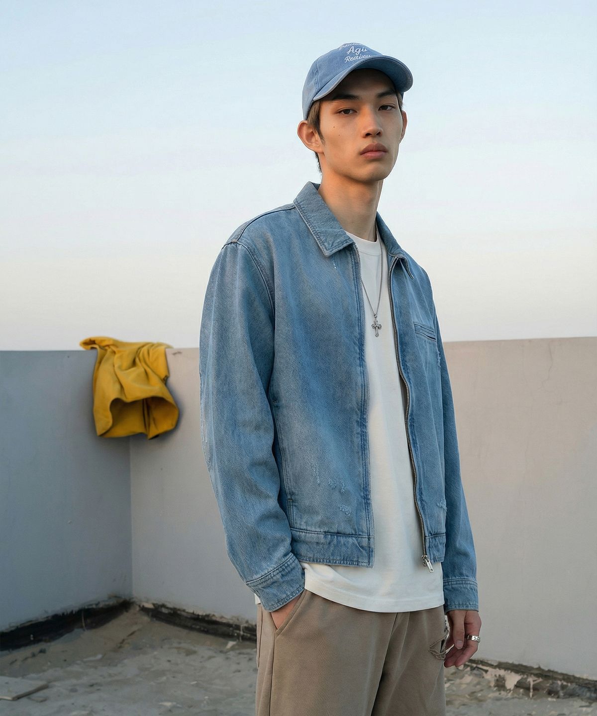 랑가주망(LENGAGEMENT) Destroyed Full Zip-Up Denim Jacket (Indigo Blue)