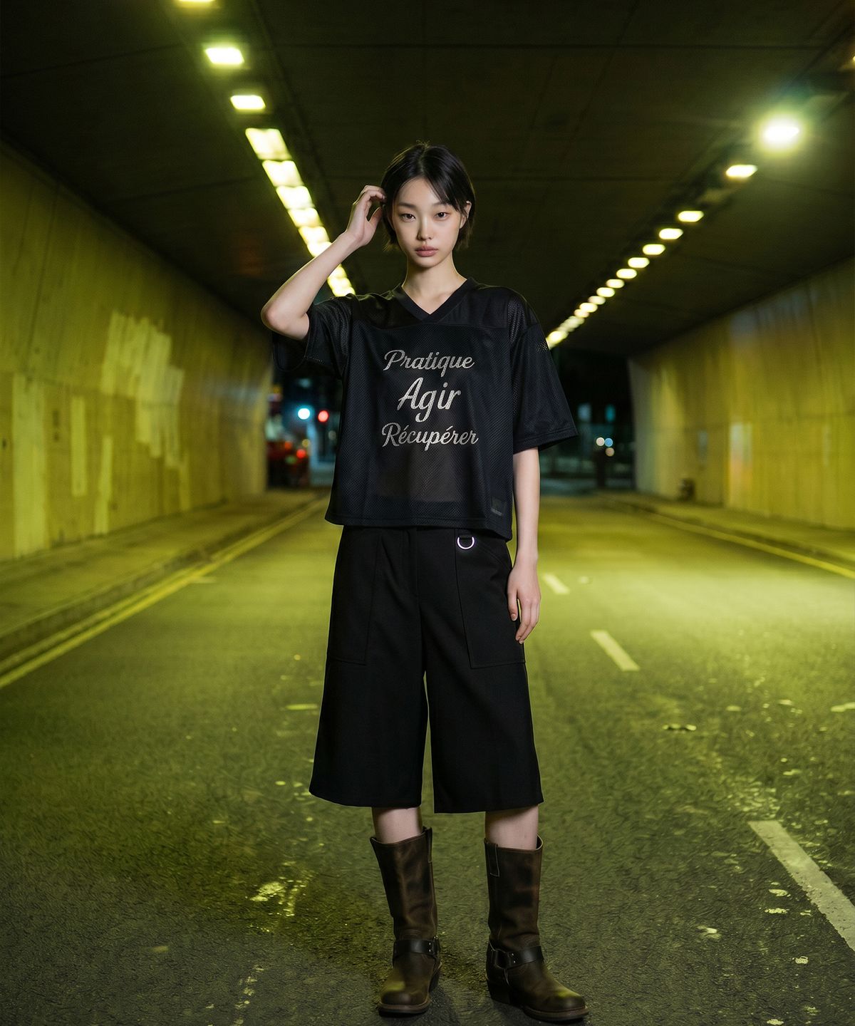 랑가주망(LENGAGEMENT) Wide Fatigue Bermuda Sweat Shorts (Black)