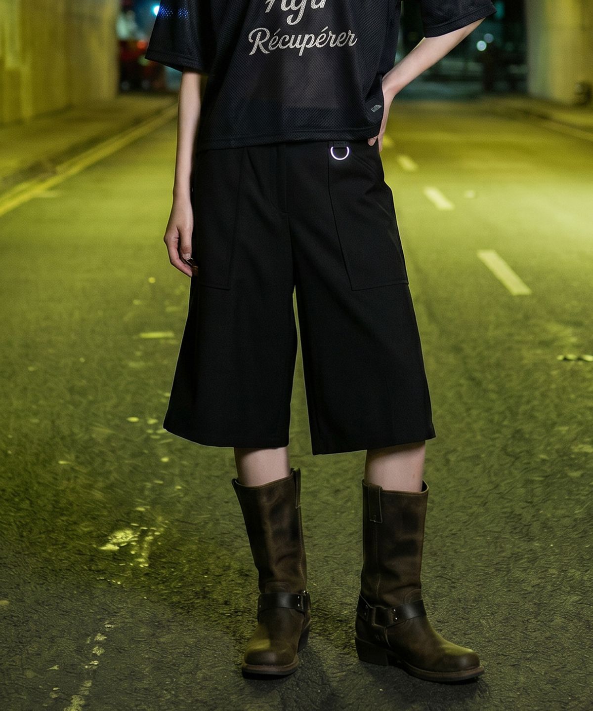랑가주망(LENGAGEMENT) Wide Fatigue Bermuda Sweat Shorts (Black)